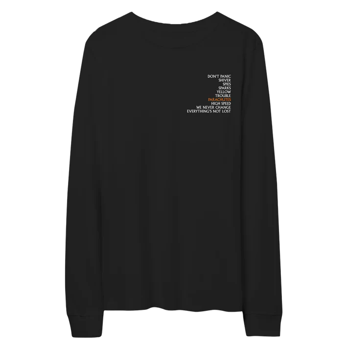 Front view of black Coldplay Parachutes long sleeve T-shirt with “Coldplay Parachutes” written in white on the chest.