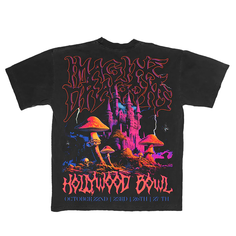 Back view of Hollywood Bowl Commemorative Tee showing plain black fabric official Imagine Dragons merch with comfortable unisex fit