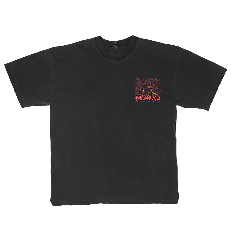 Front view of Hollywood Bowl Commemorative Tee featuring white event graphic on black fabric official Imagine Dragons T Shirt in unisex fit