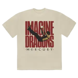 Front view of the Sand Mercury Tour Imagine Dragons T Shirt featuring a bold falling figure graphic over large red text and Mercury 2022 lettering below