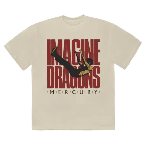 Front view of the Sand Mercury Tour Imagine Dragons T Shirt featuring a bold falling figure graphic over large red text and Mercury 2022 lettering below