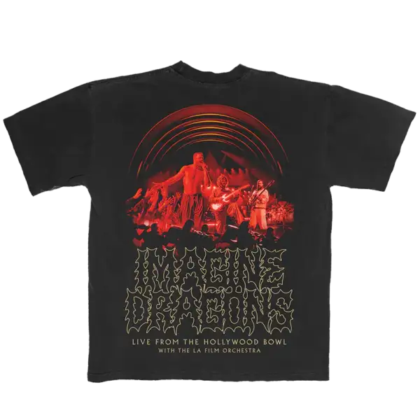Back view of Live at Hollywood Bowl Tee showing detailed concert artwork in white on black fabric official Imagine Dragons merch with relaxed unisex fit