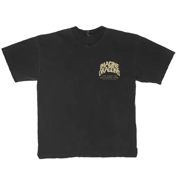 Front view of Live at Hollywood Bowl Tee featuring bold event title graphic on black fabric official Imagine Dragons T Shirt in unisex fit