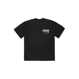 Front view of the black Imagine Dragons T-shirt featuring the band's logo above a colorful globe design on the left chest.