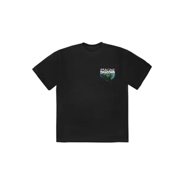 Front view of the black Imagine Dragons T shirt featuring the bands logo above a colorful globe design on the left chest