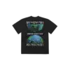 Back view of the black Imagine Dragons T shirt displaying two vibrant globe graphics with Mercury World Tour text and a list of tour cities
