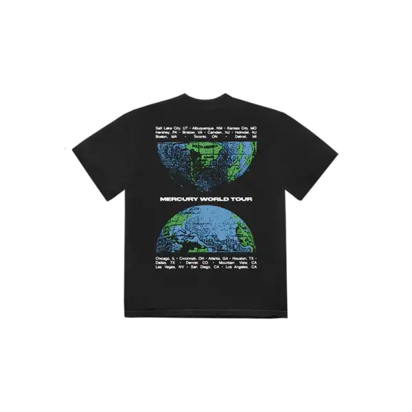 Back view of the black Imagine Dragons T shirt displaying two vibrant globe graphics with Mercury World Tour text and a list of tour cities