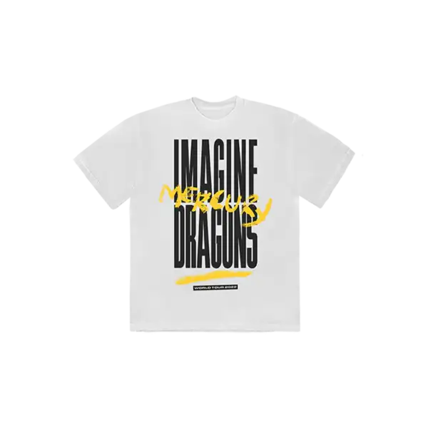 Front view of the Mercury Tour Dateback Leg 1 Imagine Dragons T Shirt with small chest logo on black cotton unisex fit for fans and collectors