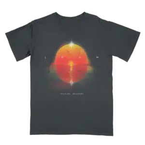 Front view of Loom Album Cover T Shirt featuring vibrant Imagine Dragons album artwork on black fabric official band merchandise in unisex fit