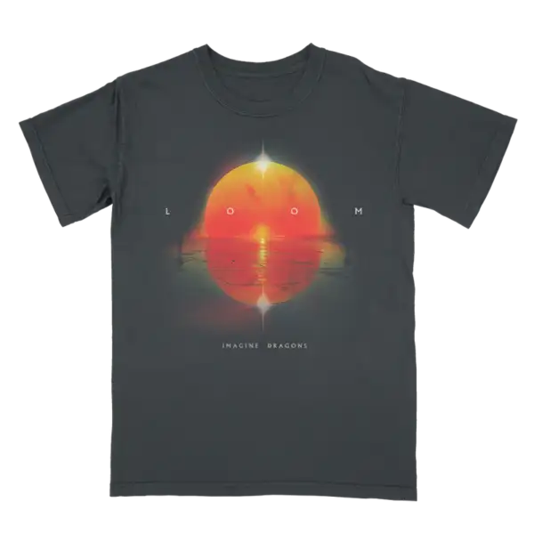 Front view of Loom Album Cover T Shirt featuring vibrant Imagine Dragons album artwork on black fabric official band merchandise in unisex fit