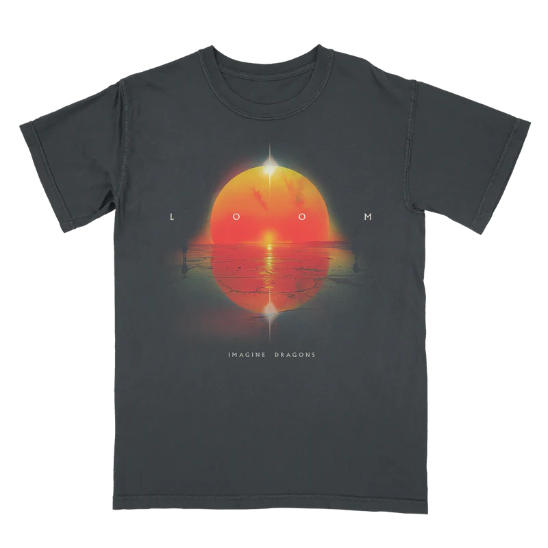 Front view of Loom Album Cover T Shirt featuring vibrant Imagine Dragons album artwork on black fabric official band merchandise in unisex fit