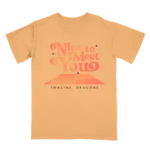 Front view of Nice to Meet You Orange Tee featuring white text graphic on bright orange fabric official Imagine Dragons T Shirt in unisex fit