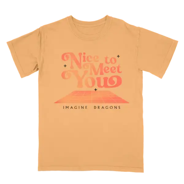 Front view of Nice to Meet You Orange Tee featuring white text graphic on bright orange fabric official Imagine Dragons T Shirt in unisex fit