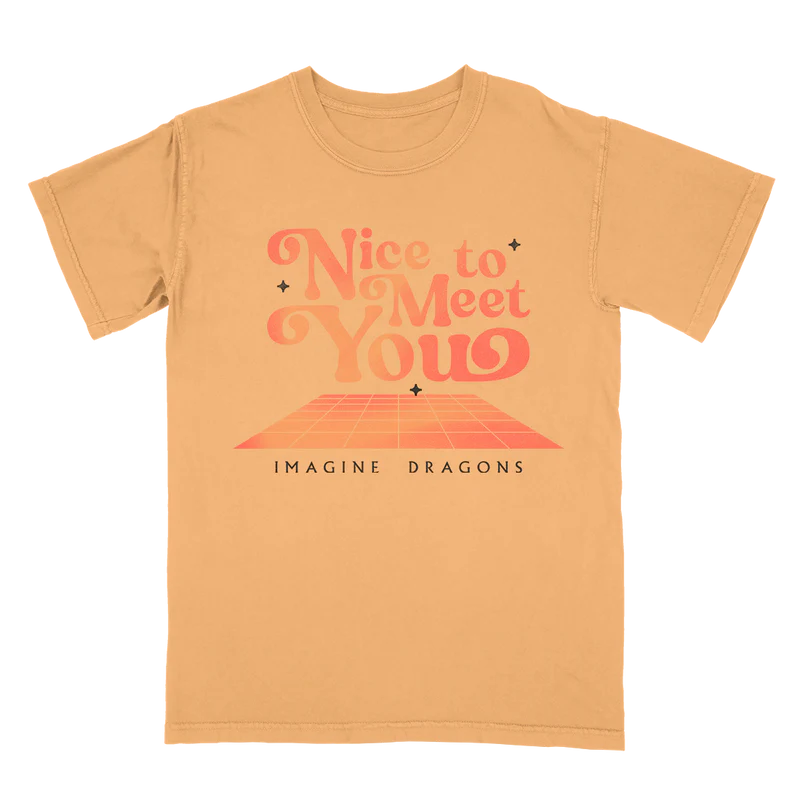 PRODUCTIMDR24ECOMMJPNICEFLOORCC1717SSTEE01 Rich Styler Front view of Nice to Meet You Orange Tee featuring white text graphic on bright orange fabric official Imagine Dragons T Shirt in unisex fit