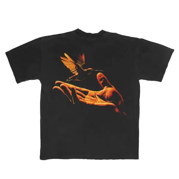 Back view of Hummingbird Tee featuring a large detailed hummingbird design in white on black fabric official Imagine Dragons merch in unisex fit