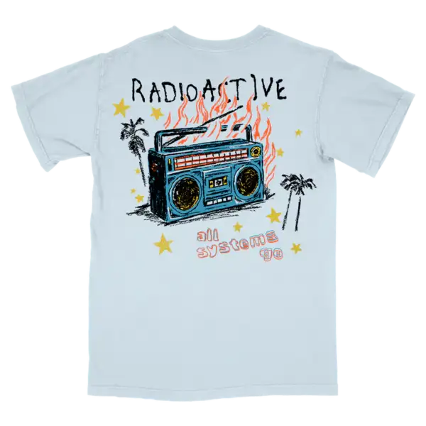 Back view of Radioactive Tee displaying bold Radioactive text graphic across the upper back official Imagine Dragons merch in a relaxed unisex fit