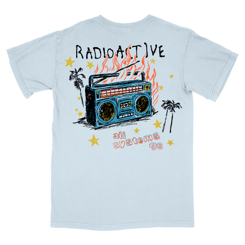 PRODUCTIMDRECOMM25GTRADIOACTIVECHAMBRAYSSB Rich Styler Back view of Radioactive Tee displaying bold Radioactive text graphic across the upper back official Imagine Dragons merch in a relaxed unisex fit