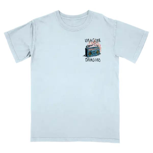 Front view of Radioactive Tee in chambray blue featuring a small Imagine Dragons logo official Imagine Dragons T Shirt with a clean unisex design