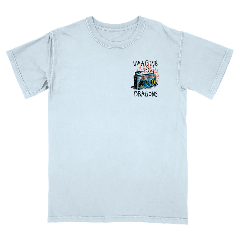 PRODUCTIMDRECOMM25GTRADIOACTIVECHAMBRAYSSF Rich Styler Front view of Radioactive Tee in chambray blue featuring a small Imagine Dragons logo official Imagine Dragons T Shirt with a clean unisex design