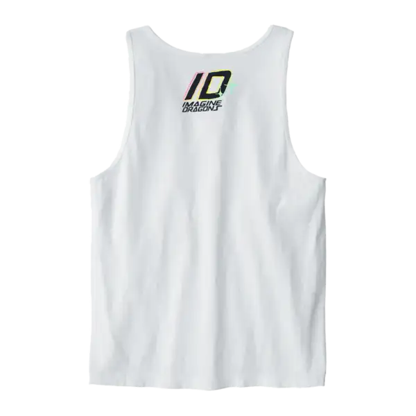 Back view of Sharks Beach Tank displaying full Sharks lyrics printed vertically official Imagine Dragons merch with breathable fabric and relaxed fit