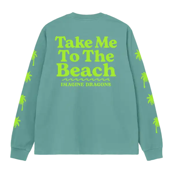 Back view of the Take Me To the Beach Long Sleeve Imagine Dragons T Shirt showing a soft beach landscape print designed for comfort and fan style