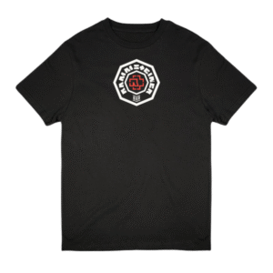 Black Rammstein T-shirt with white "Rammsteiner" embroidery on the front, laid flat on a white background, made from 100% cotton.