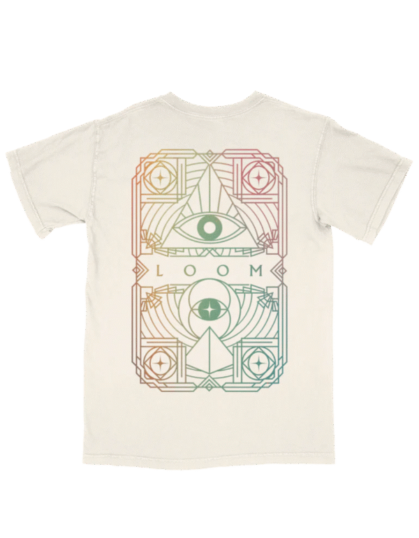 Back view of Loom Alt T Shirt featuring large artistic circular design in white bold Imagine Dragons merch on black cotton fabric