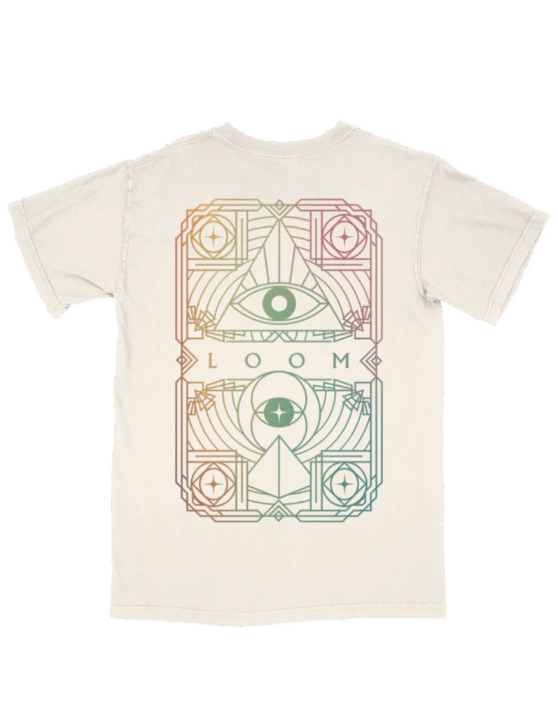 Back view of Loom Alt T-Shirt featuring large artistic circular design in white, bold Imagine Dragons merch on black cotton fabric