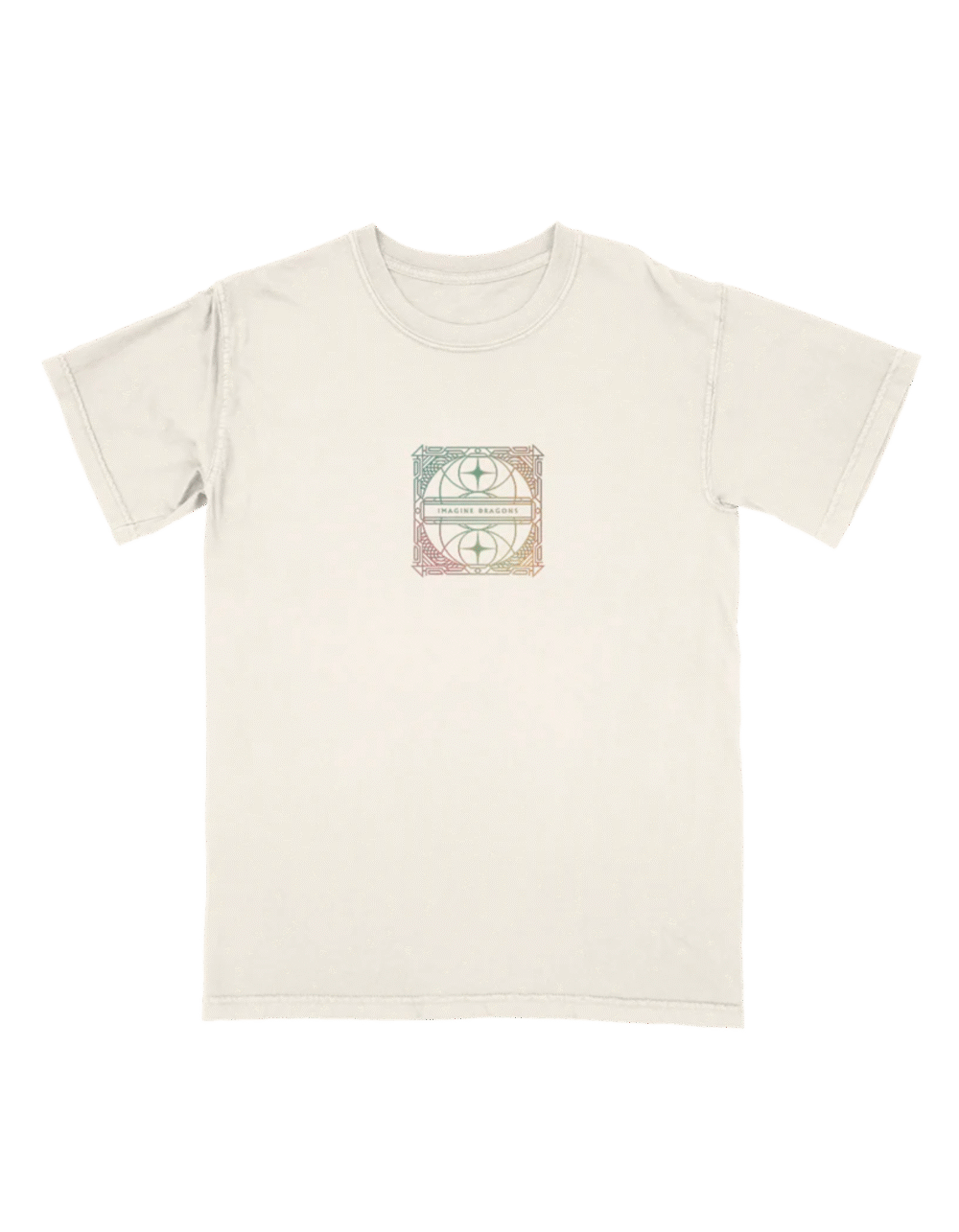 Front view of Loom Alt T Shirt with small circular chest graphic on black fabric official Imagine Dragons merch in unisex fit