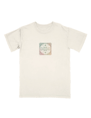 Front view of Loom Alt T-Shirt with small circular chest graphic on black fabric, official Imagine Dragons merch in unisex fit