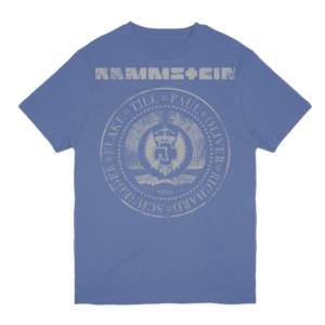 Vintage blue Rammstein T-shirt with bold front print, laid flat on a white background, made from 100% cotton.