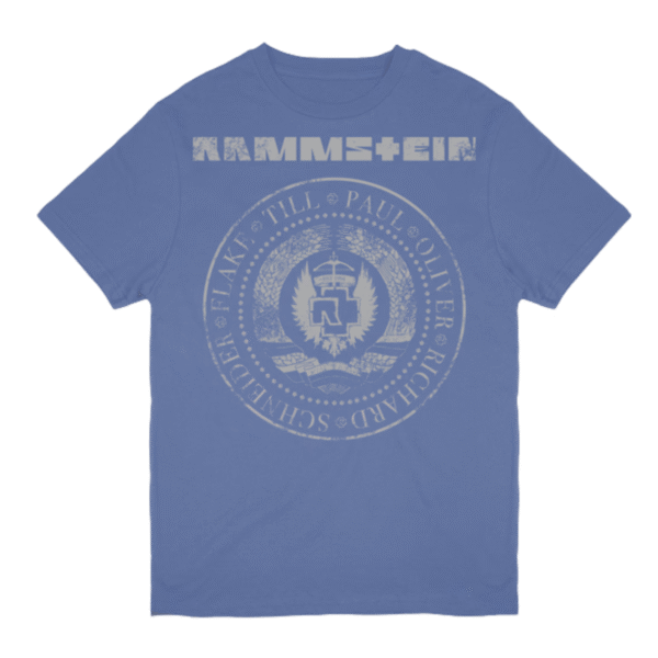 Vintage blue Rammstein T shirt with bold front print laid flat on a white background made from 100 cotton