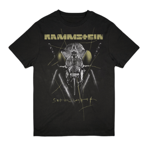 Black Rammstein T shirt with bold front and back graphic prints laid flat on a white background made from 100 cotton