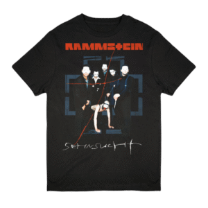 Black Rammstein T-shirt with bold front print reading "Sehnsucht ist so grausam," laid flat on a white background, made from 100% cotton.