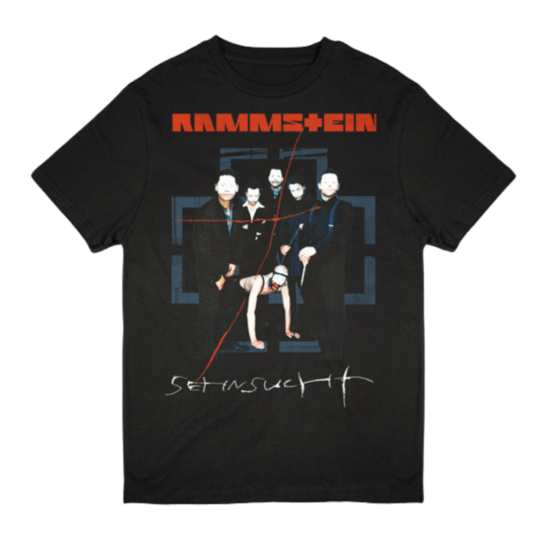 Black Rammstein T shirt with bold front print reading Sehnsucht ist so grausam laid flat on a white background made from 100 cotton