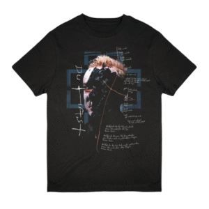 Black Rammstein T-shirt with bold front and back prints inspired by the song "Du Hast," laid flat on a white background, made from 100% cotton.