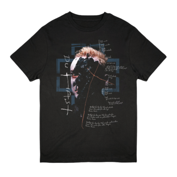 Black Rammstein T shirt with bold front and back prints inspired by the song Du Hast laid flat on a white background made from 100 cotton
