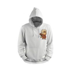 Naruto hoodie featuring chibi Jiraiya design on the front, available in black and white, with drawstring hood and front pocket.