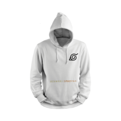 White Naruto hoodie featuring the Hidden Leaf Village symbol on the front and Naruto character evolution graphic on the back, available in sizes S to XXL