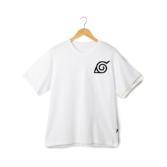 Black and white Naruto T-shirts featuring the Hidden Leaf Village symbol on the front and a large graphic of Naruto Uzumaki’s evolution on the back, available in sizes S, M, L, XL, and XXL.