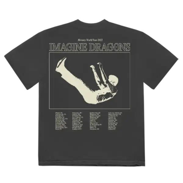 Back view of the Imagine Dragons T Shirt with a large graphic of a falling figure Mercury World Tour 2022 title and a full list of tour dates and cities
