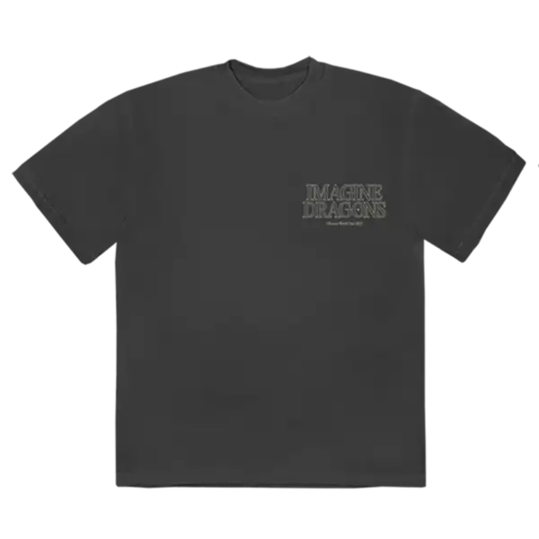 Front view of the black Imagine Dragons T Shirt featuring the Mercury World Tour 2022 text and band logo on the left chest