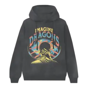 Front view of black Imagine Dragons hoodie featuring a vintage style graphic of a person being grabbed by the neck with Imagine Dragons text above