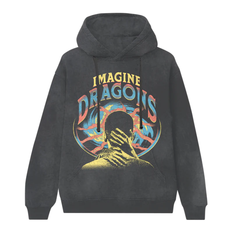 Front view of black Imagine Dragons hoodie featuring a vintage style graphic of a person being grabbed by the neck with Imagine Dragons text above