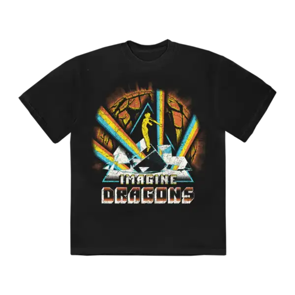 Front of a black Imagine Dragons T Shirt featuring a vintage style graphic with a yellow figure colorful light beams shattered geometric shapes and bold Imagine Dragons text