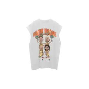 "Front view of Imagine Dragons Mercury Tour Cartoon Muscle T-Shirt featuring cartoon versions of the band members in cheerleader-style poses, with bold 'Imagine Dragons Mercury World Tour 2022' text."