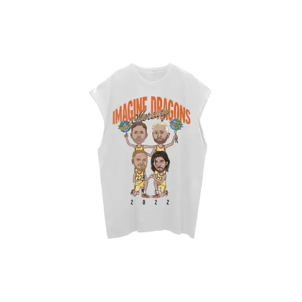 Front view of Imagine Dragons Mercury Tour Cartoon Muscle T Shirt featuring cartoon versions of the band members in cheerleader style poses with bold Imagine Dragons Mercury World Tour 2022 text