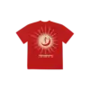 Back view of a red Imagine Dragons T shirt with a large white and red moonburst graphic showing tour city names in a circular layout and text reading imagine dragons mercury world tour 2022 at the bottom