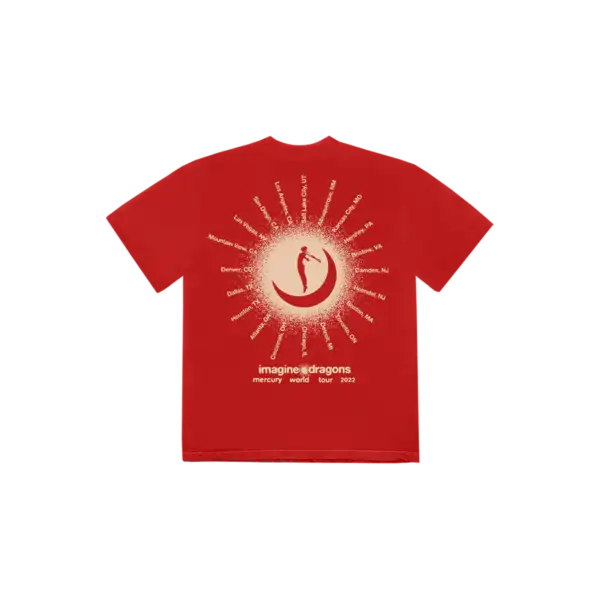 Back view of a red Imagine Dragons T shirt with a large white and red moonburst graphic showing tour city names in a circular layout and text reading imagine dragons mercury world tour 2022 at the bottom
