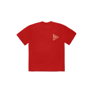 Red Imagine Dragons T-shirt featuring a small gold geometric triangle logo on the left chest, displayed on a plain background.